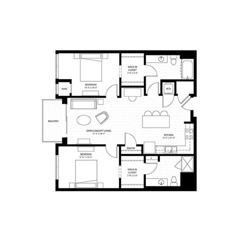 Floor plan for 2 beds, 2 baths, 1040 sqft